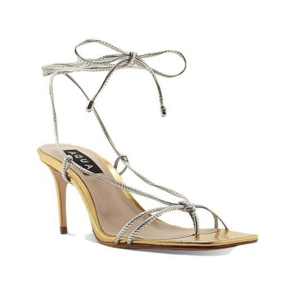 AQUA Womens Gold Dirlene Square Toe Stiletto Leather Heeled Thong Sandals 6